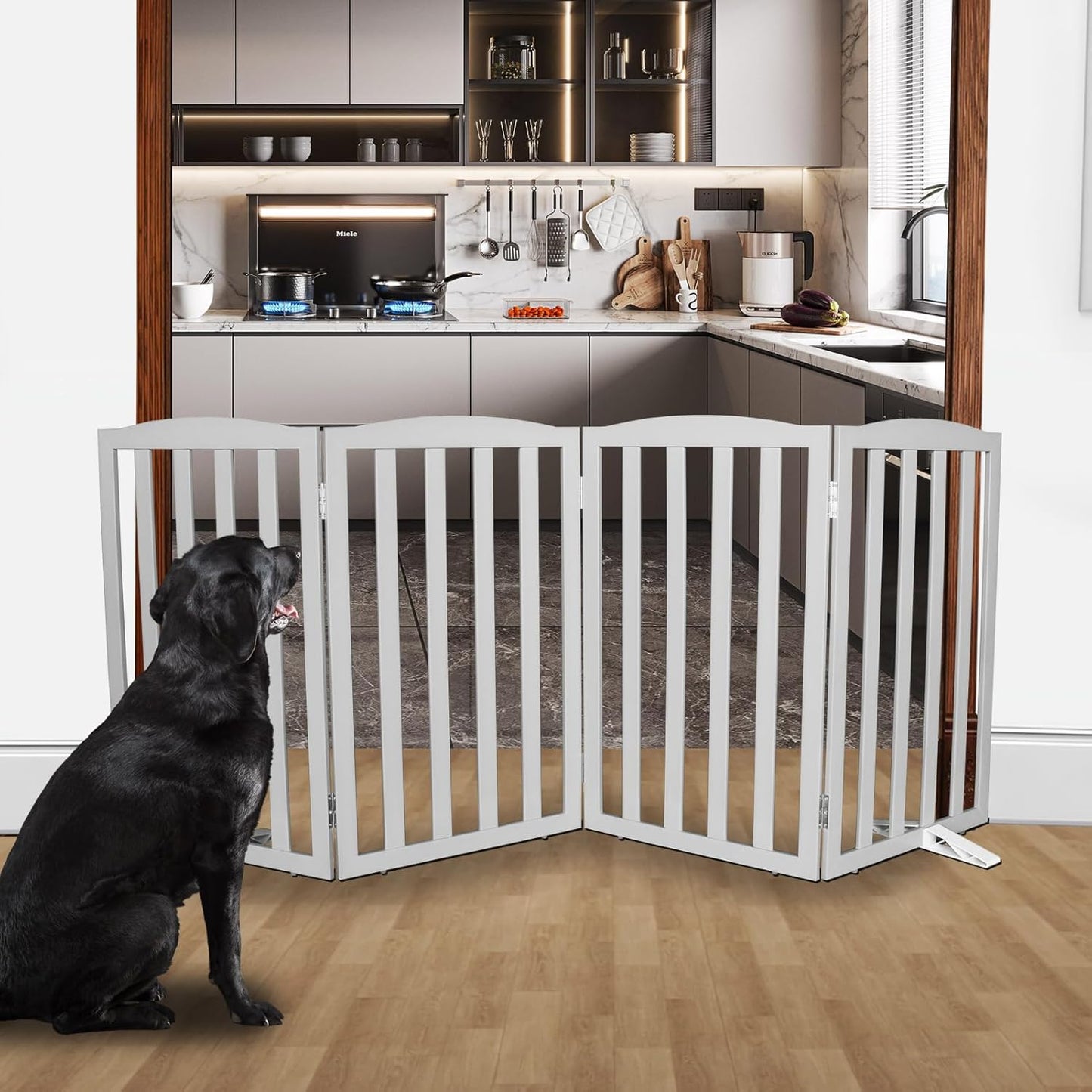 Freestanding Dog Gate Indoor,Doggie Gate Foldable Dog Gates for Doorways,Stairs or Hallways, Wooden White Pet Gate for the House, Pet Fence with Support Feet Included,24 "Height-4 Panels