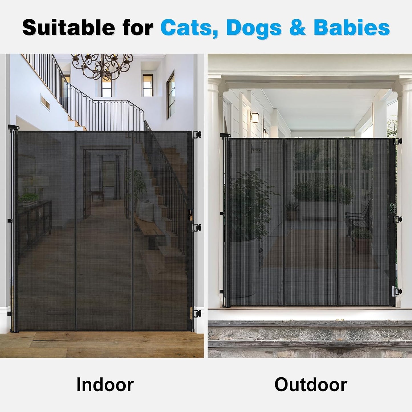 Reinforced 65" Extra Tall Pet Gate for Doorway, Jump-Resistant & Prevent Crawling Underneath Retractable Baby Gates Extra Tall, 0-55" W Retractable Dog Gate for Pet, Dogs, Cats, Puppies, Babies, Black
