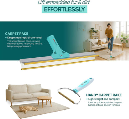 Carpet Rake for Pet Hair Removal, 3-Pack Reusable Dog & Cat Hair Remover Tool Set, Adjustable 56in Long Handle Carpet Rake + Mini Lint Brushes for Rugs, Couches, Floor Mats, Stairs, Car Seats