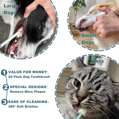 Dog Toothbrush Kit, 360-Degree Finger Three-Sided Design, Replaceable Brush Heads, Easy Teeth Cleaning and Dental Care (20 Pack)