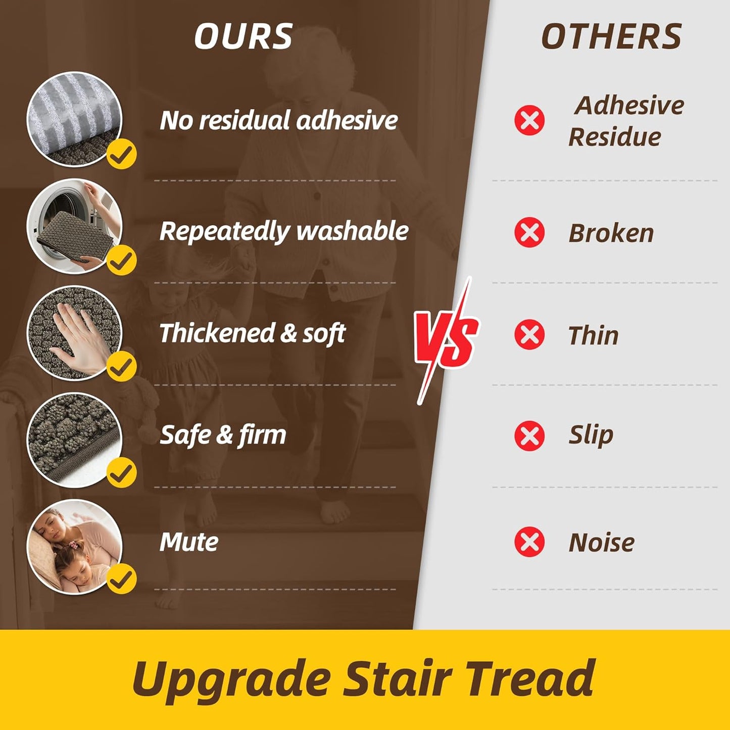 JSEI Stair Treads for Wooden Steps, 14 Pack 9" X 28" Non-Slip Machine Washable Carpet Stair Treads with TPE Backing, Soft Indoor Stair Rug Runner for Kids Elders & Pets, 100% Polyester, Greyish Brown