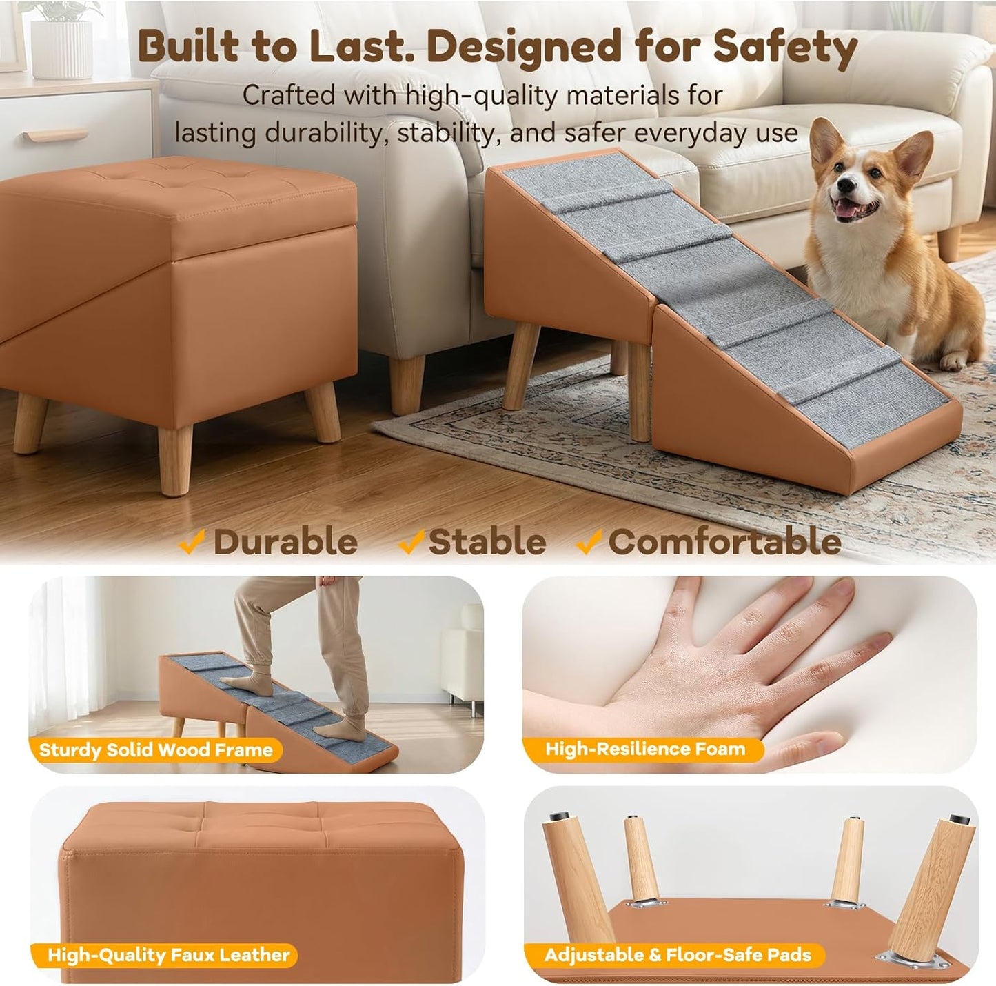Dog Ramp for Small Dogs, 15.7" H 3-in-1 18.5" Extra Wide Foldable Ottoman & Hidden Storage Design Dog Stairs for Couch Sofa, Non-Slip Pet Steps for Puppy Senior Injured Dogs (White)