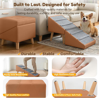 Dog Ramp for Small Dogs, 15.7" H 3-in-1 18.5" Extra Wide Foldable Ottoman & Hidden Storage Design Dog Stairs for Couch Sofa, Non-Slip Pet Steps for Puppy Senior Injured Dogs (White)