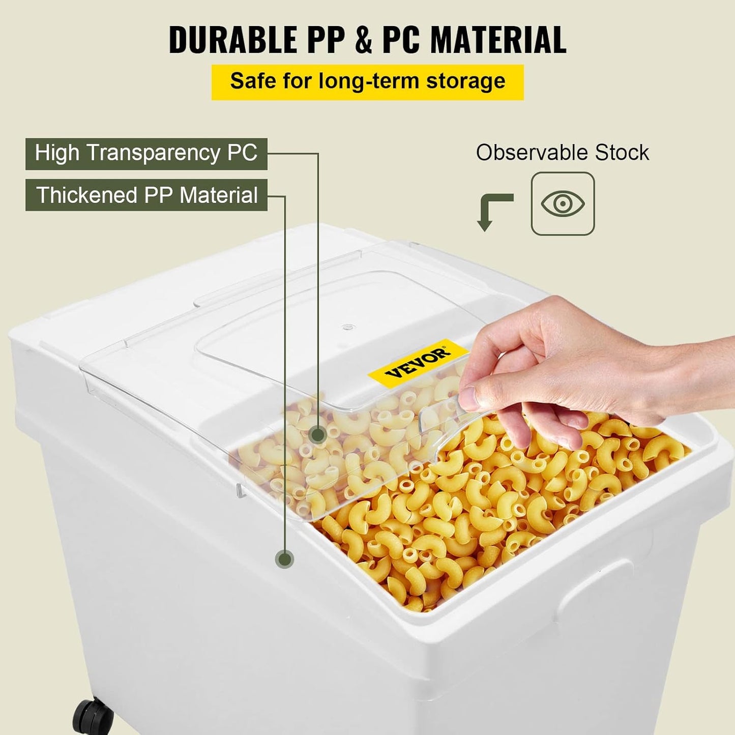 VEVOR Rice Storage Container, 4.5Gallon/20L Capacity Large Dog Food Dispenser Bin, Kitchen Ingredient Grain Cereal Flour Bin, Pet food Containers with Wheels, Measuring Cup, Airtight Lid, 1 Pack