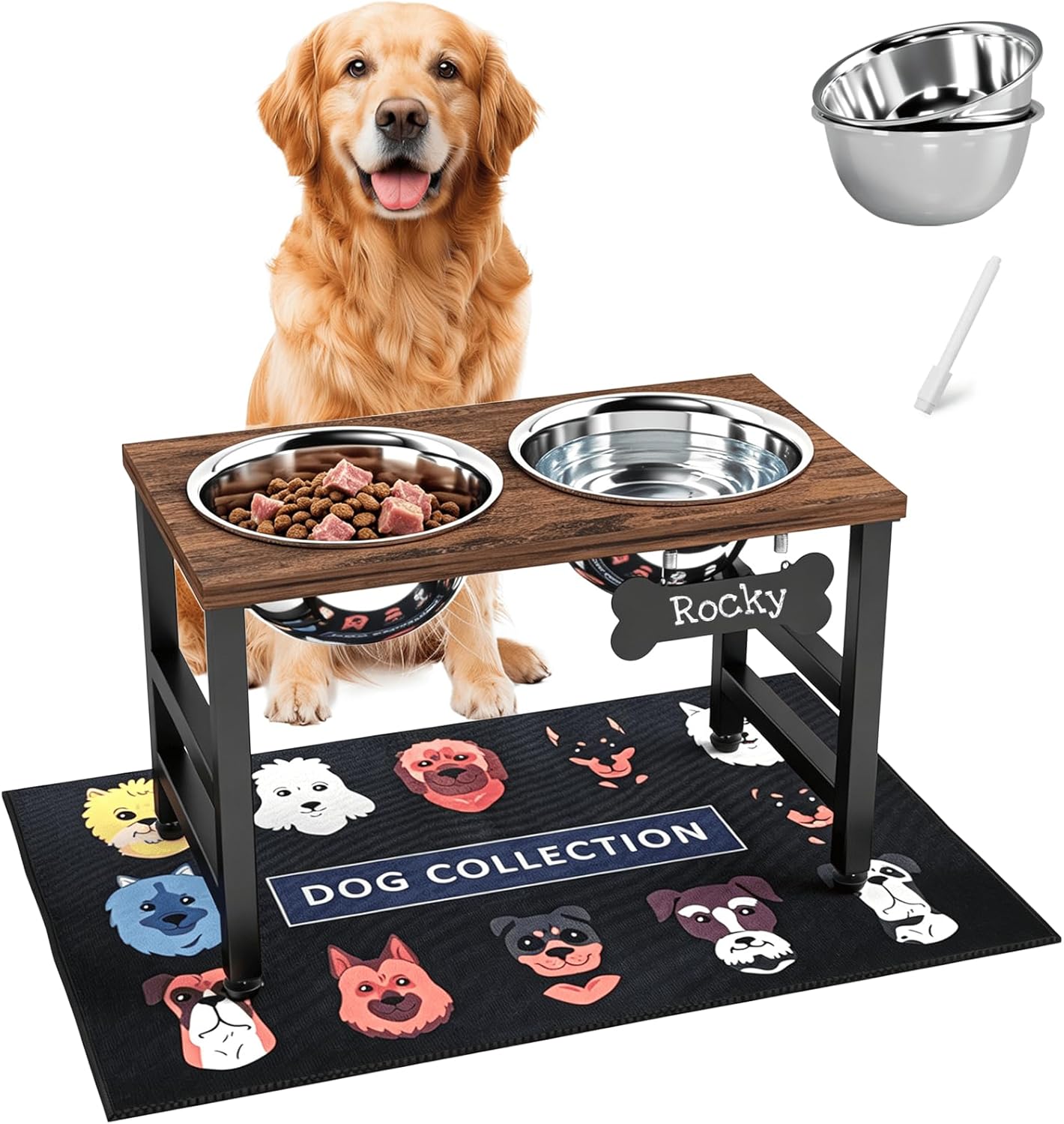 ADENGL Metal Raised Dog Bowl, 10" Tall Elevate Dog Feeder Stand with 2 Stainless Steel 42oz Bowls & 16x24 Non-Slip Mat – Stronger Dogs Food & Water Bowl Stand (Black)
