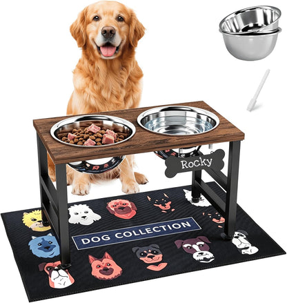 ADENGL Metal Raised Dog Bowl, 10" Tall Elevate Dog Feeder Stand with 2 Stainless Steel 42oz Bowls & 16x24 Non-Slip Mat – Stronger Dogs Food & Water Bowl Stand (Black)