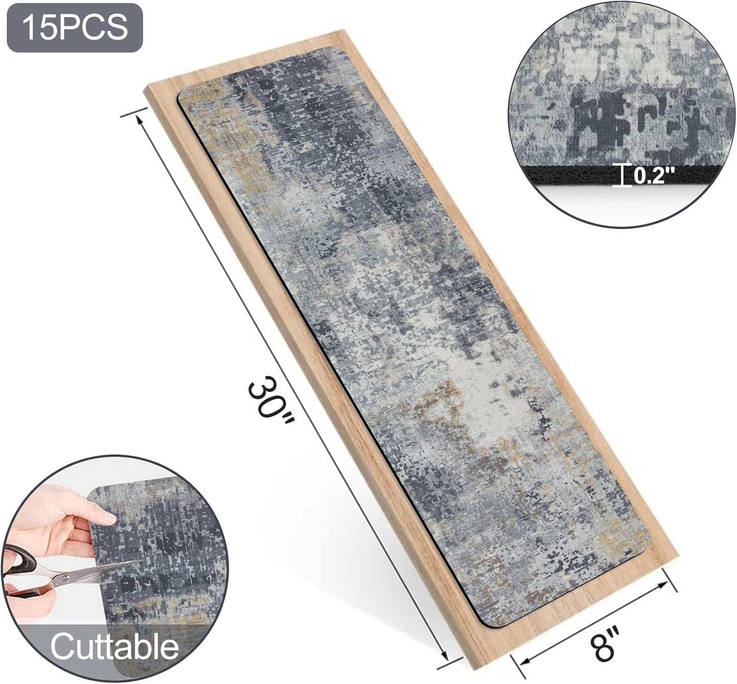 Tiveney Stair Treads Non Slip for Wooden Steps, 15PCS 8"x30" Grey Rubber Backing Stair Runner Mats, Washable Reusable Carpet for Stairs Rugs Indoor Safety Staircase Step Treads for Kids Elders Dogs