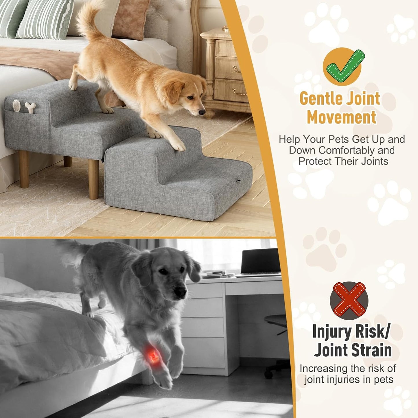 PakaLife Foldable 2-in-1 Dog Ramp Ottoman, Solid Wood Dog Steps for Bed & Couch, Washable Cover, 135lb Capacity, for Small, Senior Dogs & Old Cats to Get on Bed