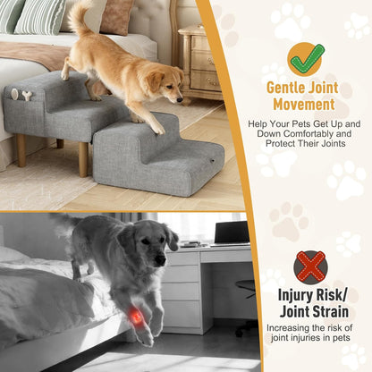 PakaLife Foldable 2-in-1 Dog Ramp Ottoman, Solid Wood Dog Steps for Bed & Couch, Washable Cover, 135lb Capacity, for Small, Senior Dogs & Old Cats to Get on Bed