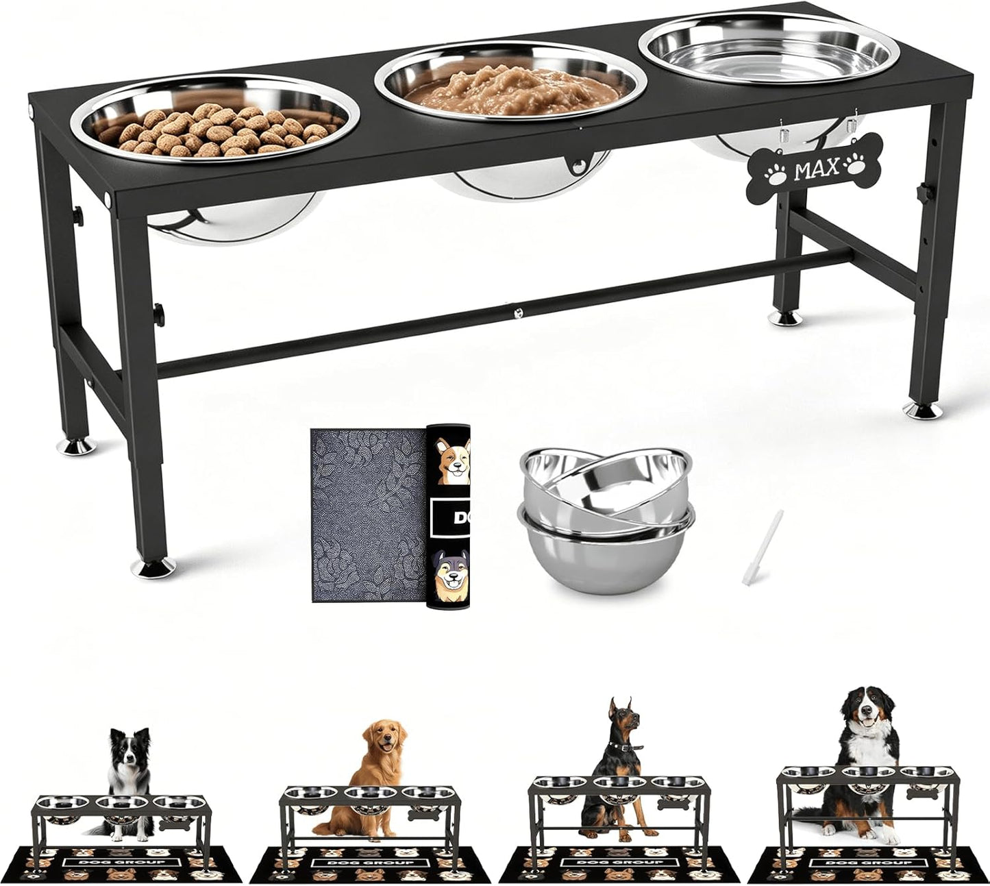 SHAINFUN Metal Elevated Dog Bowls Stand for Large Dogs with Mat & Three 58oz Food Water Bowls, Adjustable Height Raised Dog Bowl Stand