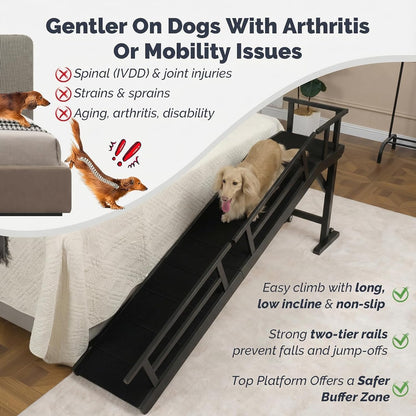 Dog Ramp for Bed or Couch, Wooden Pet Ramp with 20° Gentle Slope, Removable Side Rails, Non-Slip Surface, Top Platform & Wheels, Safe Bed Ramp for Small, Large & Senior Dogs, 60" Long, Mahogany