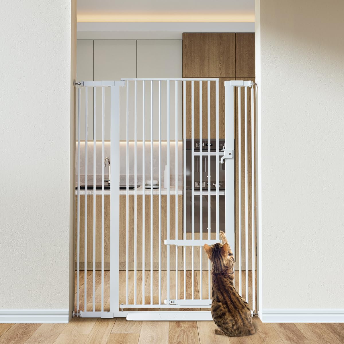 COMOMY 55.1" Extra Tall Pet Gate for Cats, Extra Wide Cat Gate with Adjustable Cat Door, Pressure Mounted Easy Walk Through Pet Gate with Door for Stairs, Doorways, Kitchen(White, 29.5-40.6")