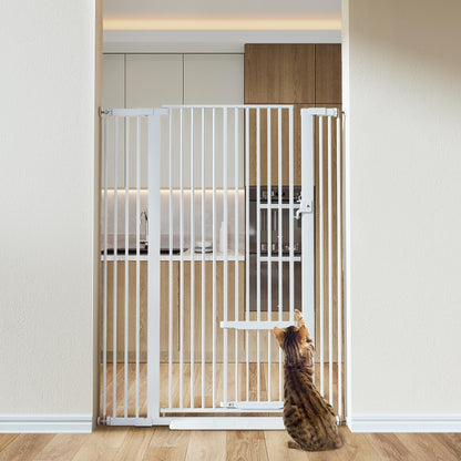 COMOMY 55.1" Extra Tall Pet Gate for Cats, Extra Wide Cat Gate with Adjustable Cat Door, Pressure Mounted Easy Walk Through Pet Gate with Door for Stairs, Doorways, Kitchen(White, 29.5-40.6")