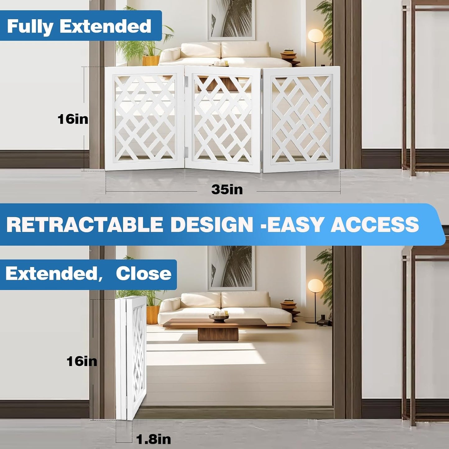 Cut-Out Design 16" Short Dog Gate for Small Dogs, Foldable Retractable Puppy Gate Indoor - Freestanding Lightweight Pet Barrier for Doorways, Stairs, Hallways (Extends to 41", White)