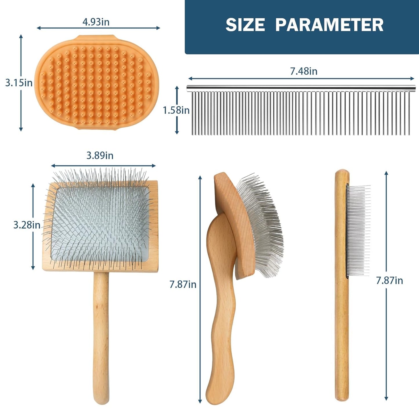 Slicker Brush for Dogs (Goldendoodles, Poodles) - Detangle, Fluff & Style Like a Pro | with Combs and Dog Bath Brush (4PCS, Wooden, Large)