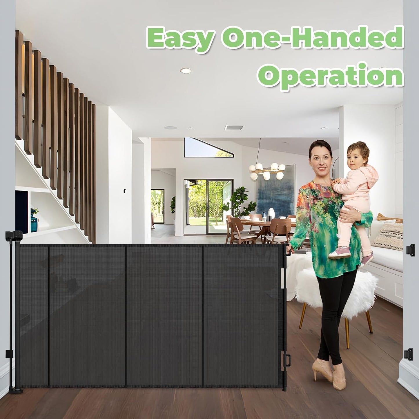 96 Inch Wide Reinforced Retractable Baby Gate with Support Rods, Extra Long Dog Gate Retractable Gate Outdoor Gates for Decks, Prevent Crawling Under Extra Long Baby Gates for Large Openings, Black