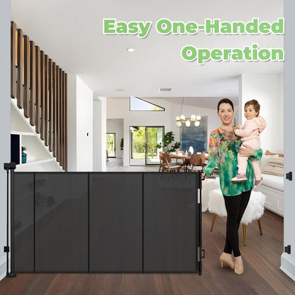 96 Inch Wide Reinforced Retractable Baby Gate with Support Rods, Extra Long Dog Gate Retractable Gate Outdoor Gates for Decks, Prevent Crawling Under Extra Long Baby Gates for Large Openings, Black