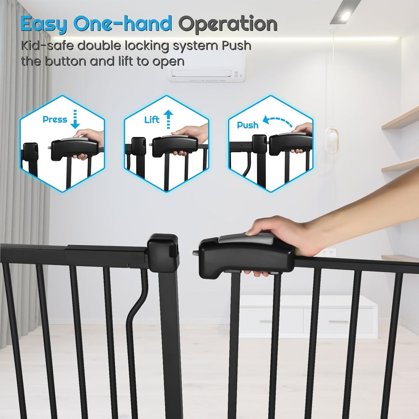 Extra Wide Baby Gate for Stairs Doorways with Door, 30" Tall 57.1-66.5" Wide Easy Install Dog Gate Indoor, Safety Metal Pressure Mounted Pet Gate with Walk-Thru Auto Close for the House, Black