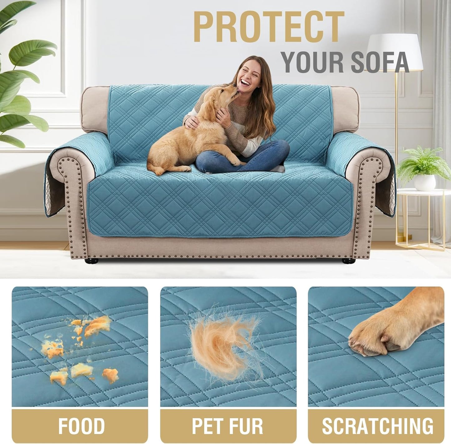 H.VERSAILTEX 100% Waterproof Slipcovers for Couches and Sofas Modern Pet Couch Cover Thick Soft Furniture Protector with Elastic Straps(Sofa, Lily Pad/Beige)