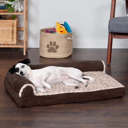 Furhaven Memory Foam Dog Bed for Large Dogs w/ Removable Bolsters & Washable Cover, For Dogs Up to 95 lbs - Two-Tone Plush Faux Fur & Suede L Shaped Chaise - Espresso, Jumbo/XL