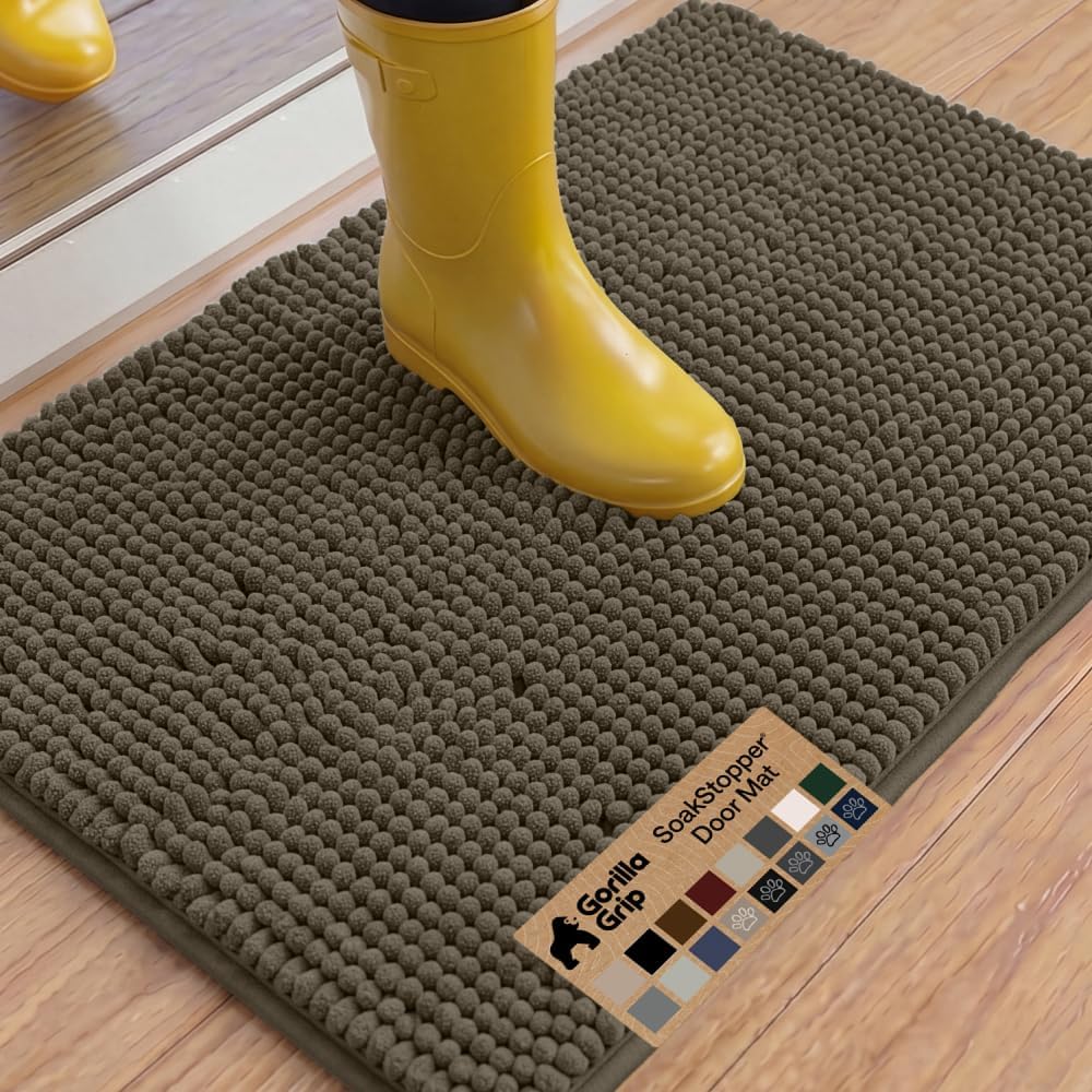 GORILLA GRIP SoakSTOPPER Dog Door Mat, 30x20 Machine Washable Rug Absorbent Doormat Captures Moisture Mud Dirt, Quick Dry Soft Chenille Entryway Rugs Indoor Entrance Mats for Dog Paws, Paw Grey