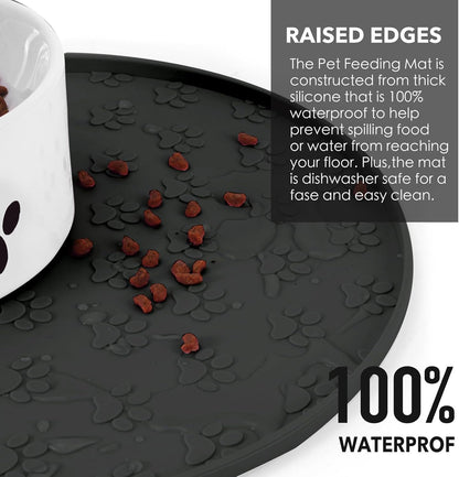 Silicone Pet Food Mat - Waterproof Dog & Cat Feeding Mat with High Lip to Prevent Spills & Protect Floors, Black
