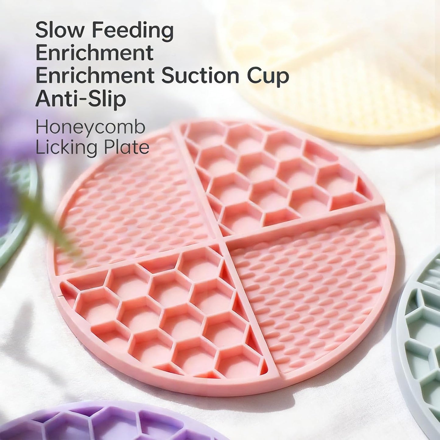 Lick Mat for Dogs, Puppies & Cats - Easy-Clean Slow Feeder Pad, Small Round Rubber Suction Mat, Honeycomb Texture, Pink, for Bathing Grooming & Anxiety Relief