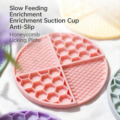 Lick Mat for Dogs, Puppies & Cats - Easy-Clean Slow Feeder Pad, Small Round Rubber Suction Mat, Honeycomb Texture, Pink, for Bathing Grooming & Anxiety Relief