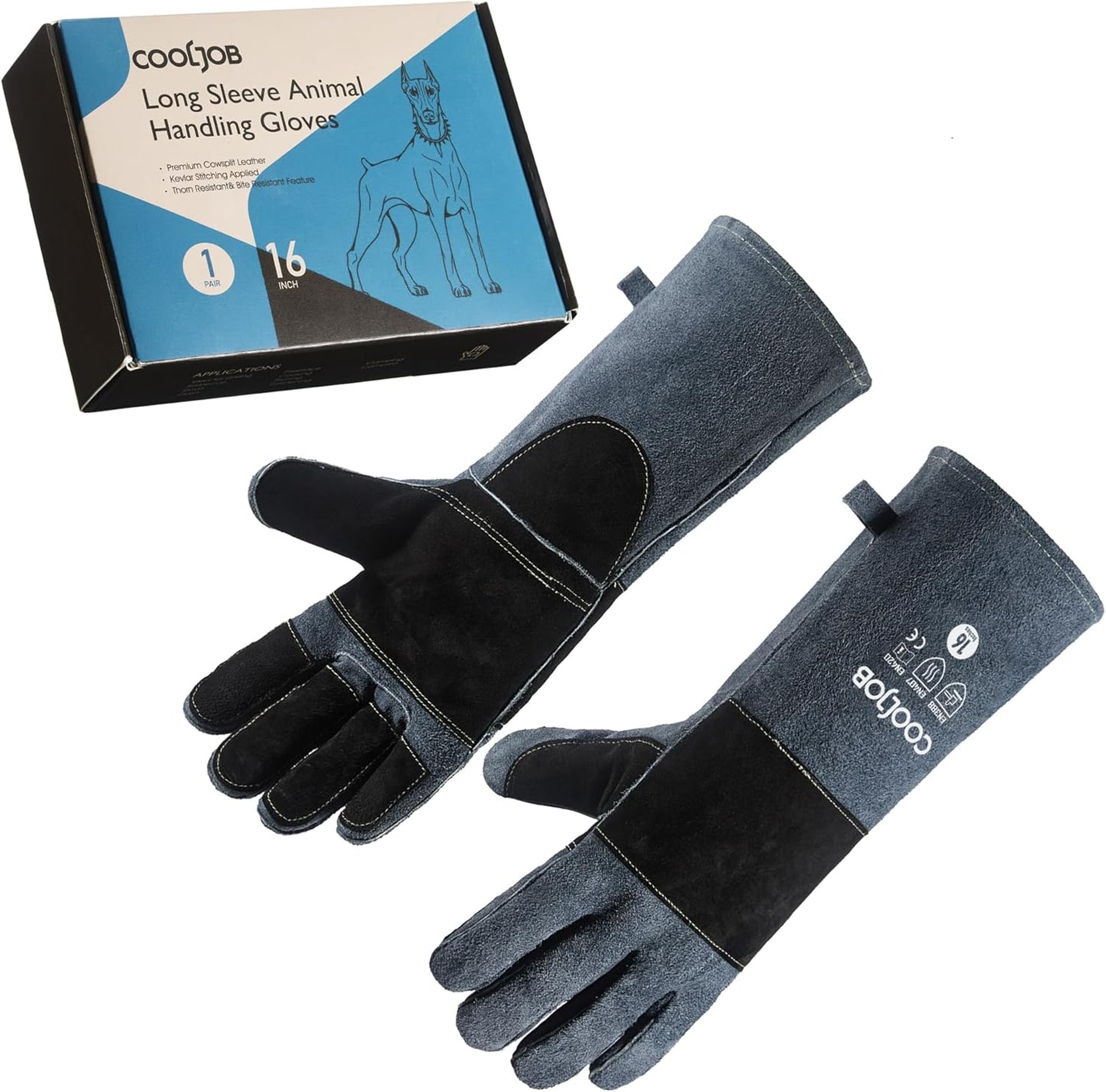 COOLJOB Bite Proof Animal Handling Gloves, Cowhide Leather with Kevlar Stitching for Cat Grooming, Dog Training, 16/22”
