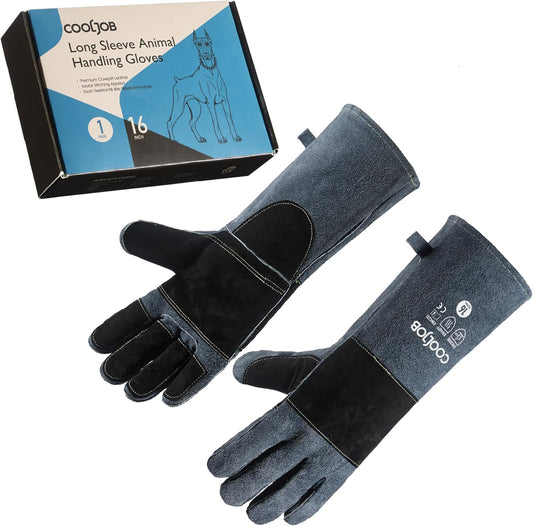COOLJOB Bite Proof Animal Handling Gloves, Cowhide Leather with Kevlar Stitching for Cat Grooming, Dog Training, 16/22”