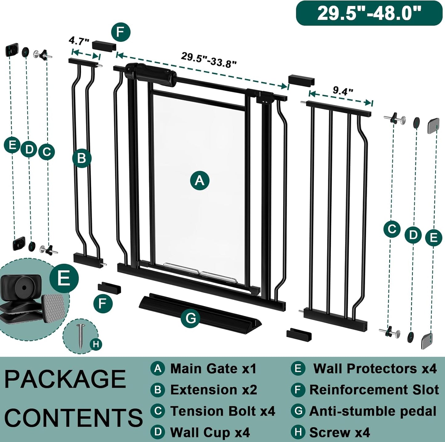 Fairy Baby Triple Lock Clear Baby Gate for Doorways, 57.6”-66.8” Extra Wide Acrylic Dog Gate for Stairs, Safety Child Gate Pressure Mounted No Drill, Auto Close Clear Pet Gate One-Hand Opening, Black