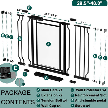 Fairy Baby Triple Lock Clear Baby Gate for Doorways, 57.6”-66.8” Extra Wide Acrylic Dog Gate for Stairs, Safety Child Gate Pressure Mounted No Drill, Auto Close Clear Pet Gate One-Hand Opening, Black