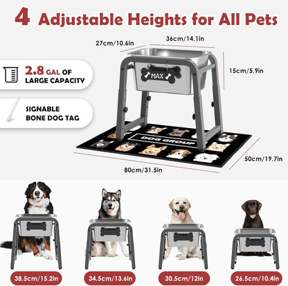1.2 Gallon Elevated Dog Water Bowl, Height Adjustable (11–17'') Raised Stainless Steel Bowl with Spill-Proof Mat & Sturdy Metal Stand, Tip-Proof, Easy to Clean, Indoor & Outdoor Use