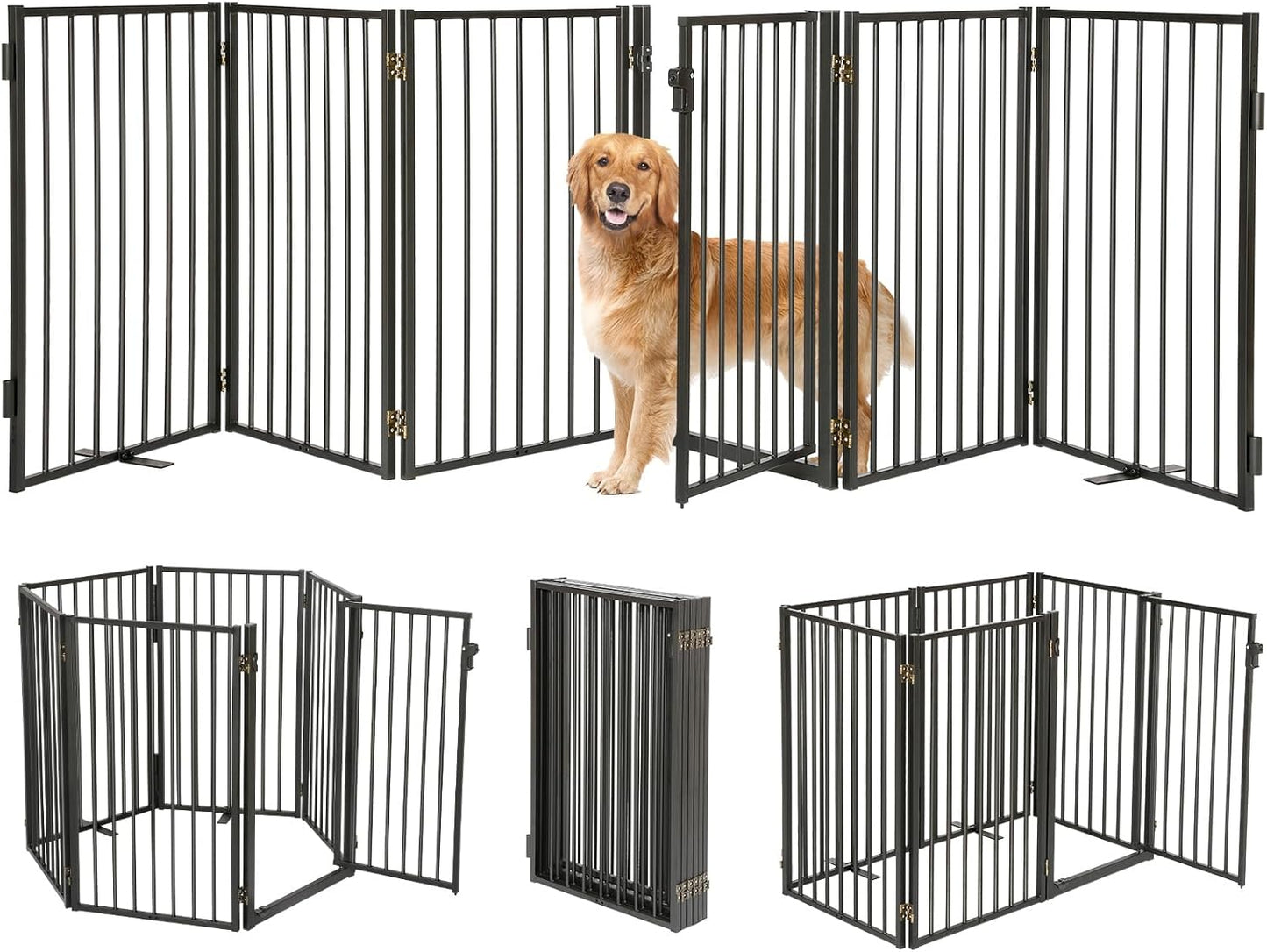 Metal Freestanding Dog Gates with Door for Outdoor Indoor,80'' Extra Wide 32'' Tall Free Standing Dog Gate for Doorways,Large Openings,Deck,Yard,Foldable Safety Pet Fence(Black,4 Panels)