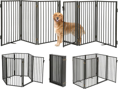 Metal Freestanding Dog Gates with Door for Outdoor Indoor,80'' Extra Wide 32'' Tall Free Standing Dog Gate for Doorways,Large Openings,Deck,Yard,Foldable Safety Pet Fence(Black,4 Panels)