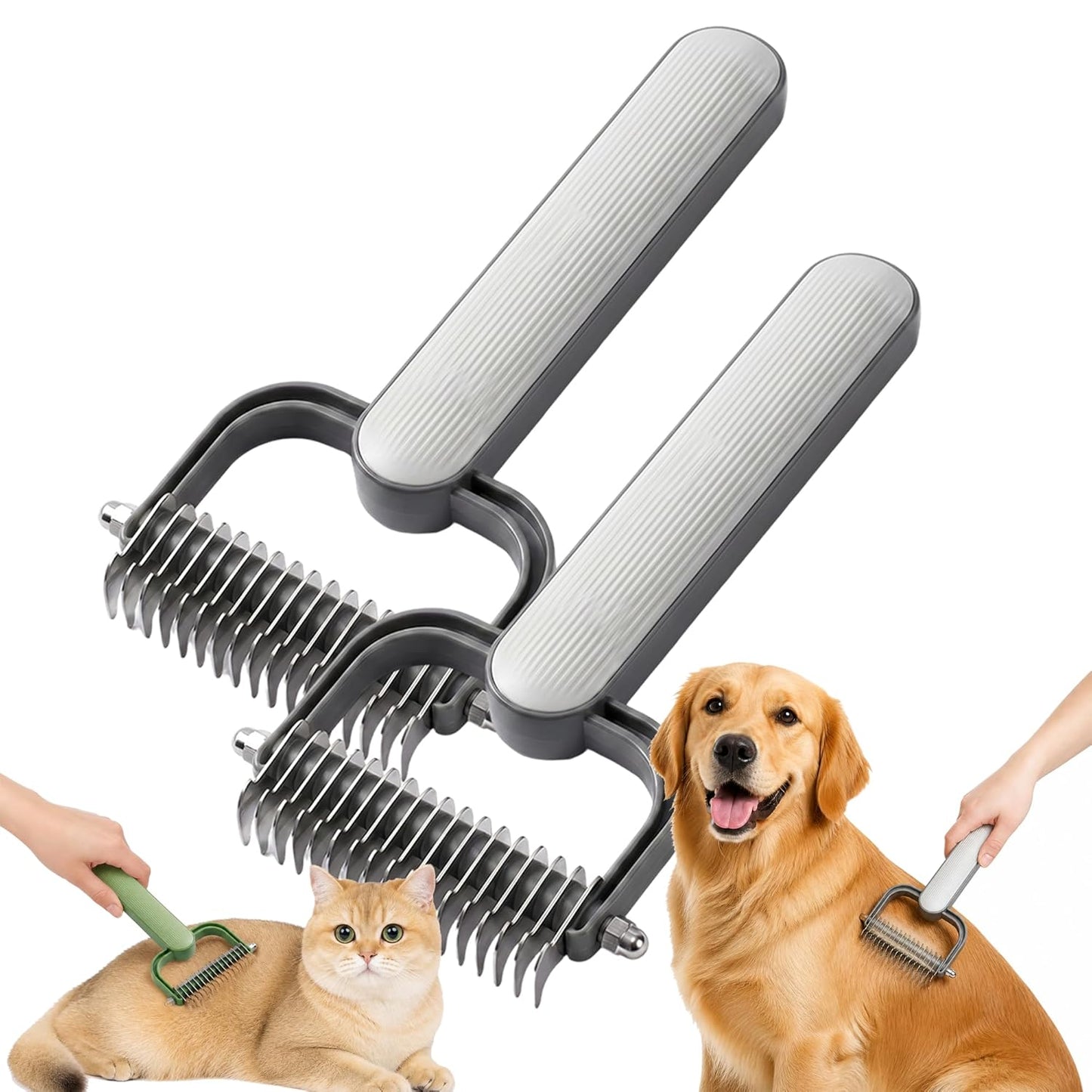 Double Sided Dematting Comb for Dogs and Cats – Undercoat Rake Pet Grooming Tool for Shedding, Tangles & Matted Fur, Stainless Steel Deshedding Brush for Long Haired & Thick Coat Pets (Green & Gray)