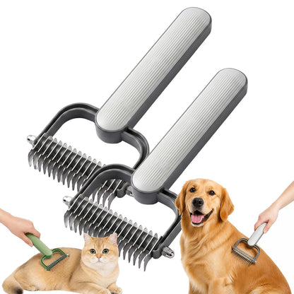 Double Sided Dematting Comb for Dogs and Cats – Undercoat Rake Pet Grooming Tool for Shedding, Tangles & Matted Fur, Stainless Steel Deshedding Brush for Long Haired & Thick Coat Pets (Green & Gray)