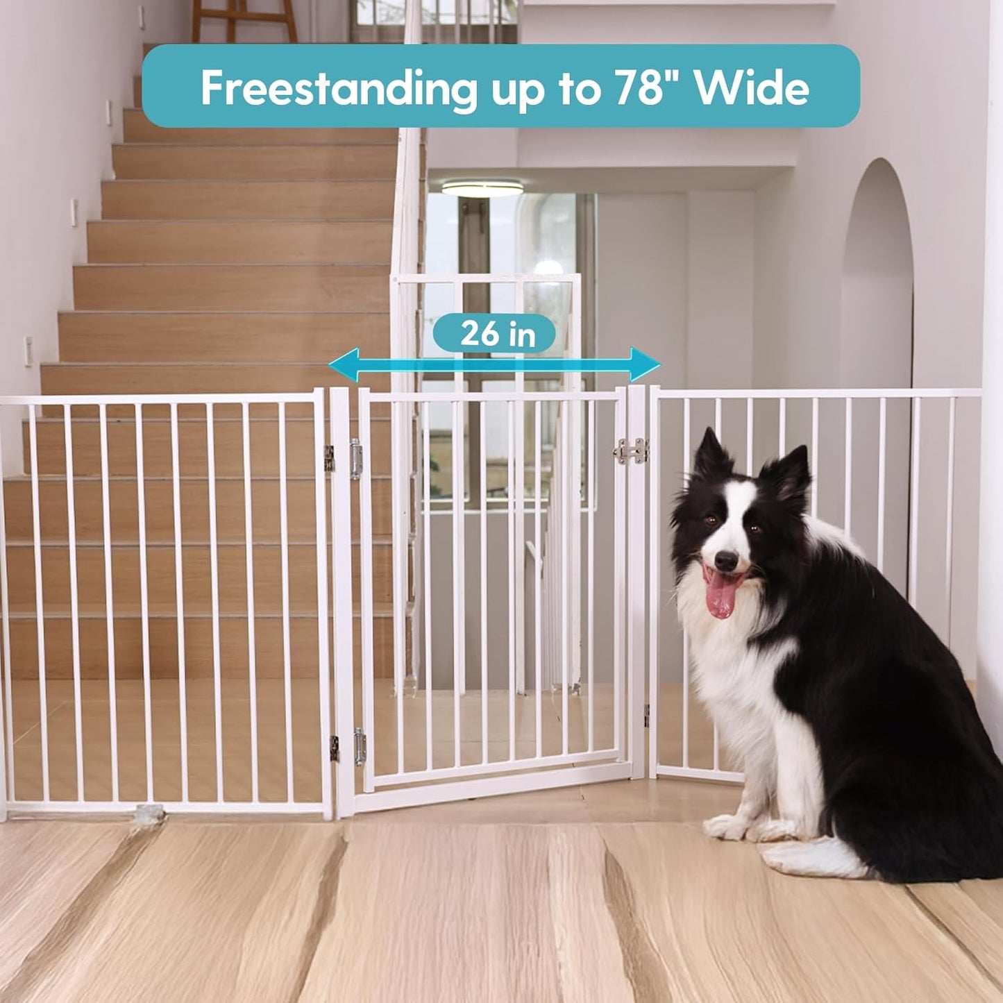 No Pawblems Free Standing Dog Gate with Door, 30'' Tall Foldable Dog Fence for Indoor & Outdoor, Up to 78 Inch Extra Wide Puppy Gate for Stairs, Hallways, Doorways, Deck, Yard (Black, 3 Panels)