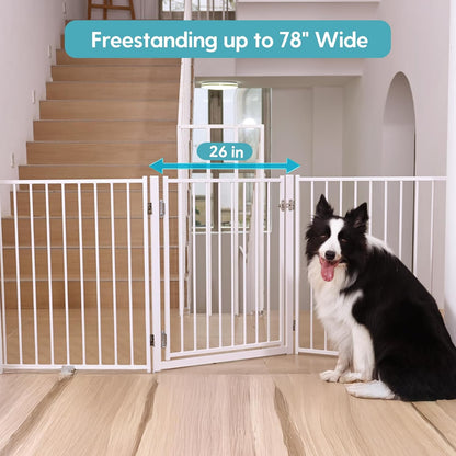 No Pawblems Free Standing Dog Gate with Door, 30'' Tall Foldable Dog Fence for Indoor & Outdoor, Up to 78 Inch Extra Wide Puppy Gate for Stairs, Hallways, Doorways, Deck, Yard (Black, 3 Panels)