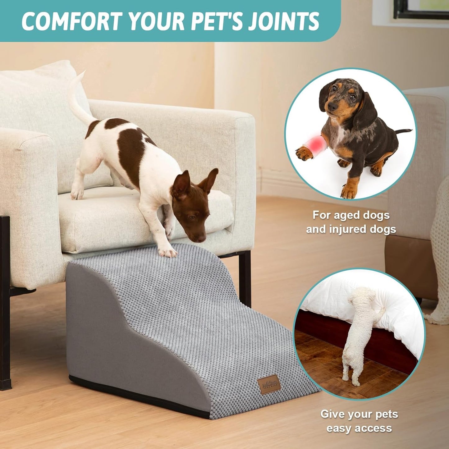 COZY KISS Dog Stairs for Small Dogs 15.7" H, Curved Dog Step for Puppy, Older Cat, Medium Pet Ramp for Sofa, Couch or Chair, Ladder with High Density Foam, 3 Step, 15.7x22.4x15.7 inch, Beige