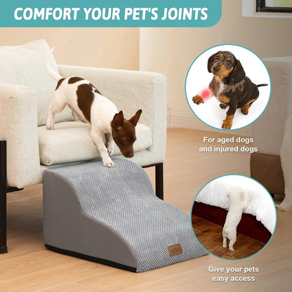 COZY KISS Dog Stairs for Small Dogs 15.7" H, Curved Dog Step for Puppy, Older Cat, Medium Pet Ramp for Sofa, Couch or Chair, Ladder with High Density Foam, 3 Step, 15.7x22.4x15.7 inch, Beige