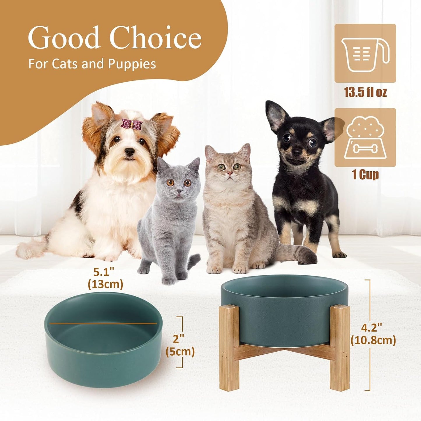 Elevated Ceramic Cat Bowl - Cat Food Bowl with Bamboo Stand - Raised Dog Dish for Puppies - Anti Vomiting, Stress Free - 13.5 oz / 400 ml - White