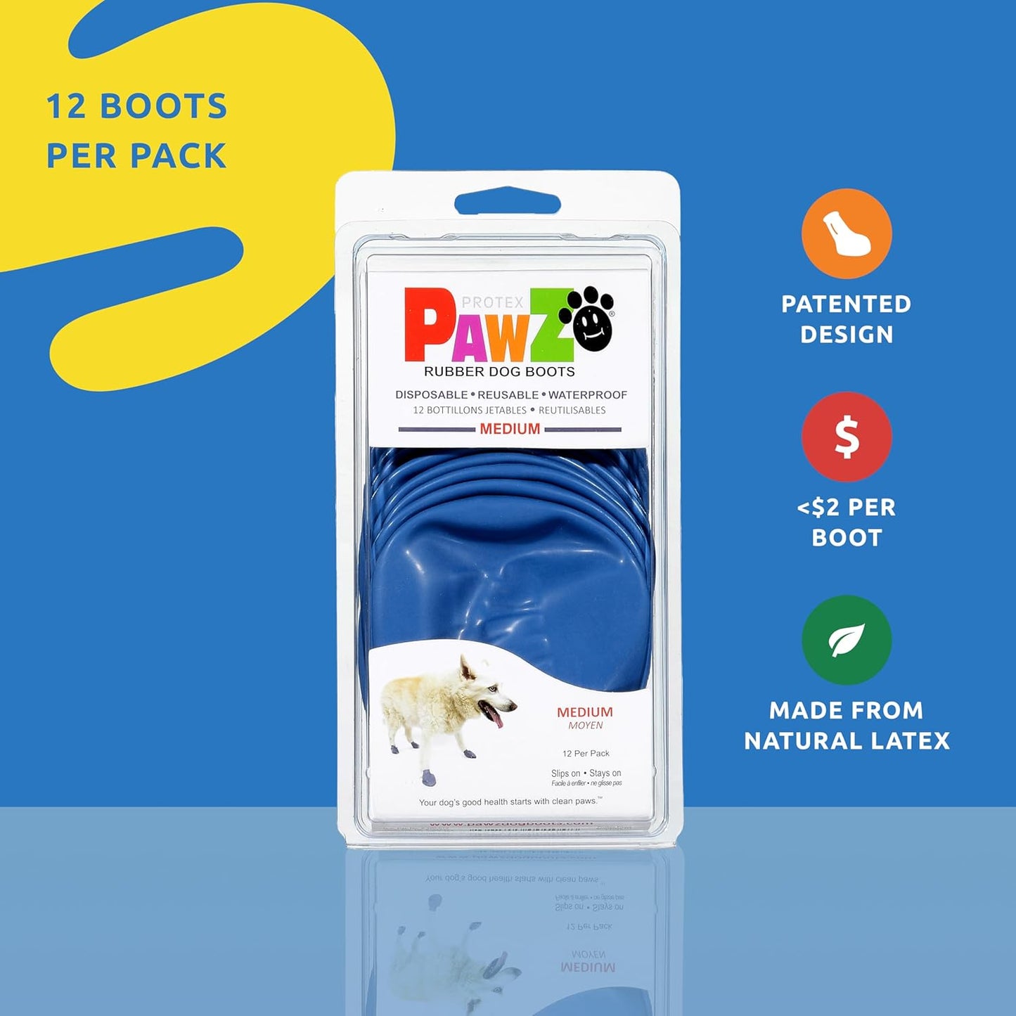 PawZ Rubber Dog Boots for Large Paws - All-Weather Waterproof Dog Shoes, Anti-Slip Traction for Rain, Snow, Mud & Hot Pavement - Pull-On Dog Booties, Purple - Large (3"- 4") - Pack of 24