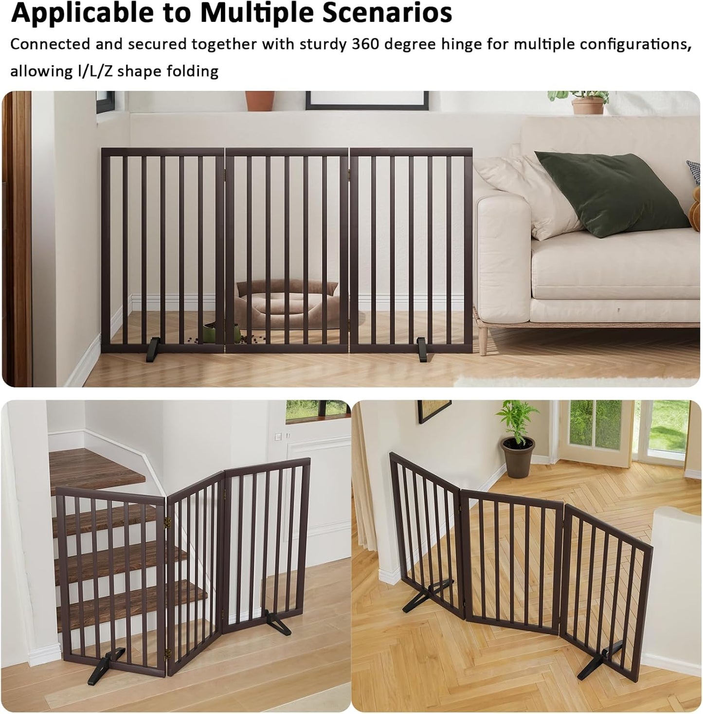 Dog Gate 32" Tall Foldable Dog Gate for Doorways Freestanding Pet Gate for Dogs Indoor (Walnut, 3 Panel)