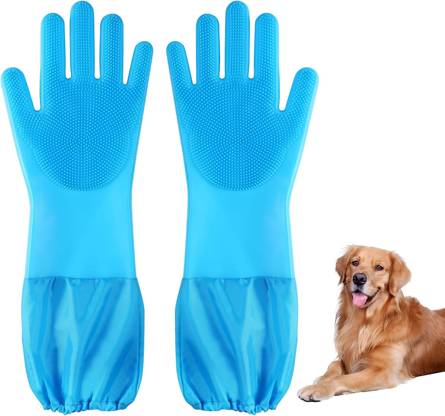 Dog Washing Gloves | Pet Grooming Gloves | Extra Long Arms (17.3") for Cats & Dogs | Massage & Hair Removal Pet Glove (Hazy Blue)
