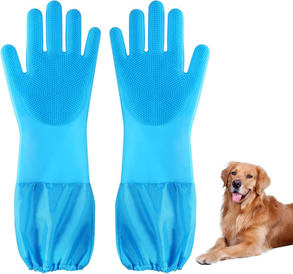Dog Washing Gloves | Pet Grooming Gloves | Extra Long Arms (17.3") for Cats & Dogs | Massage & Hair Removal Pet Glove (Hazy Blue)