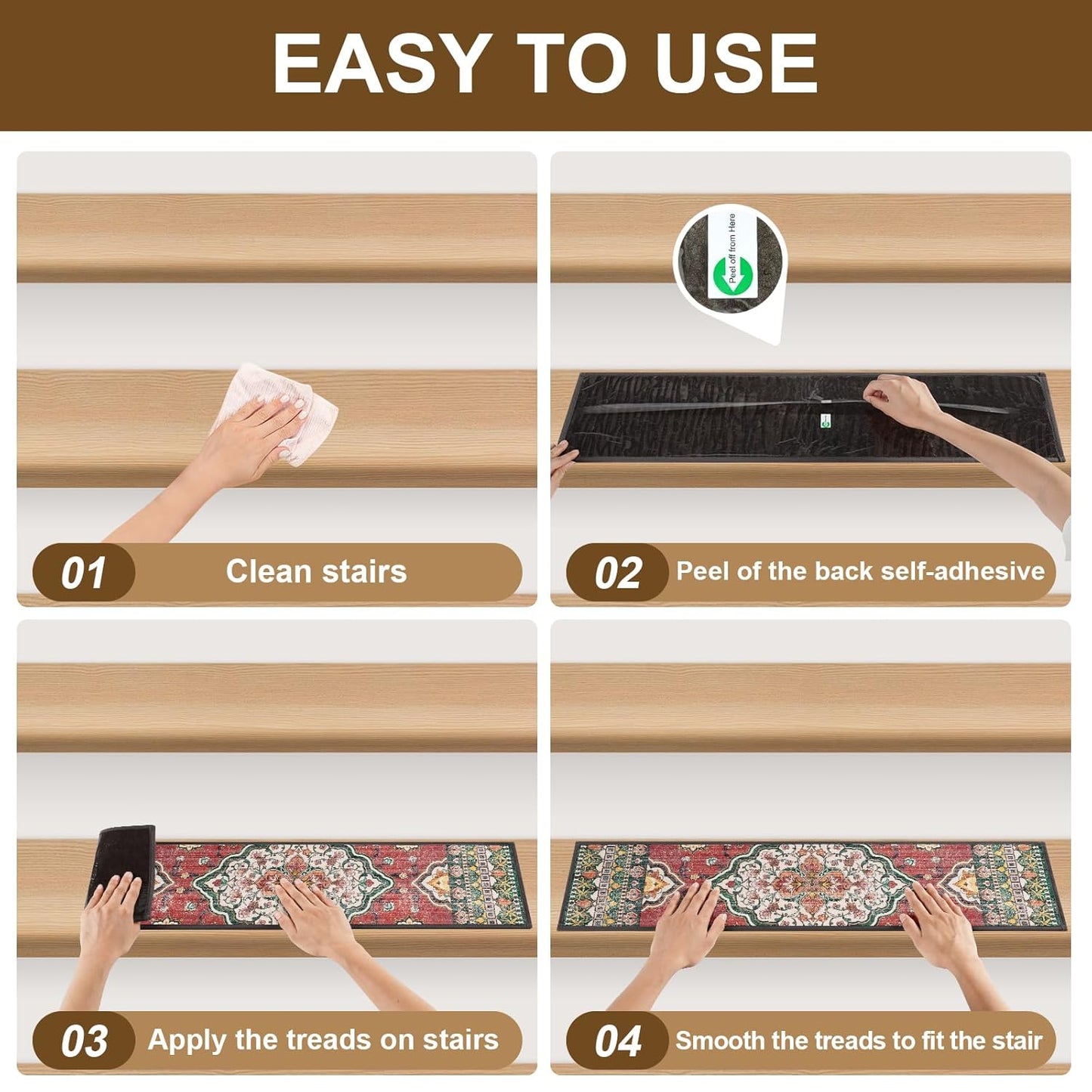 Non Slip Stair Treads for Wooden Steps Indoor, Dark Grey, 15pcs, 30"X8", Soft Carpet Mat, Machine Washable Boho Carpet Treads with Reusable Adhesive Backing, Safety Stair Tread for Dogs, Kids, Elders