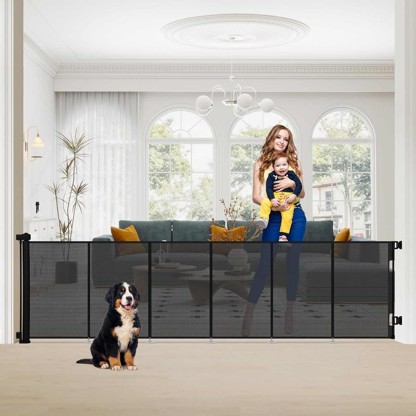 SMONTER Extra Wide Retractable Dog Gates, Mesh Baby Gate with Support Rods Extend to 118" Wide 33" Tall, Portable Safety Retractable Gate for Stairs, Indoor/Outdoor, Black