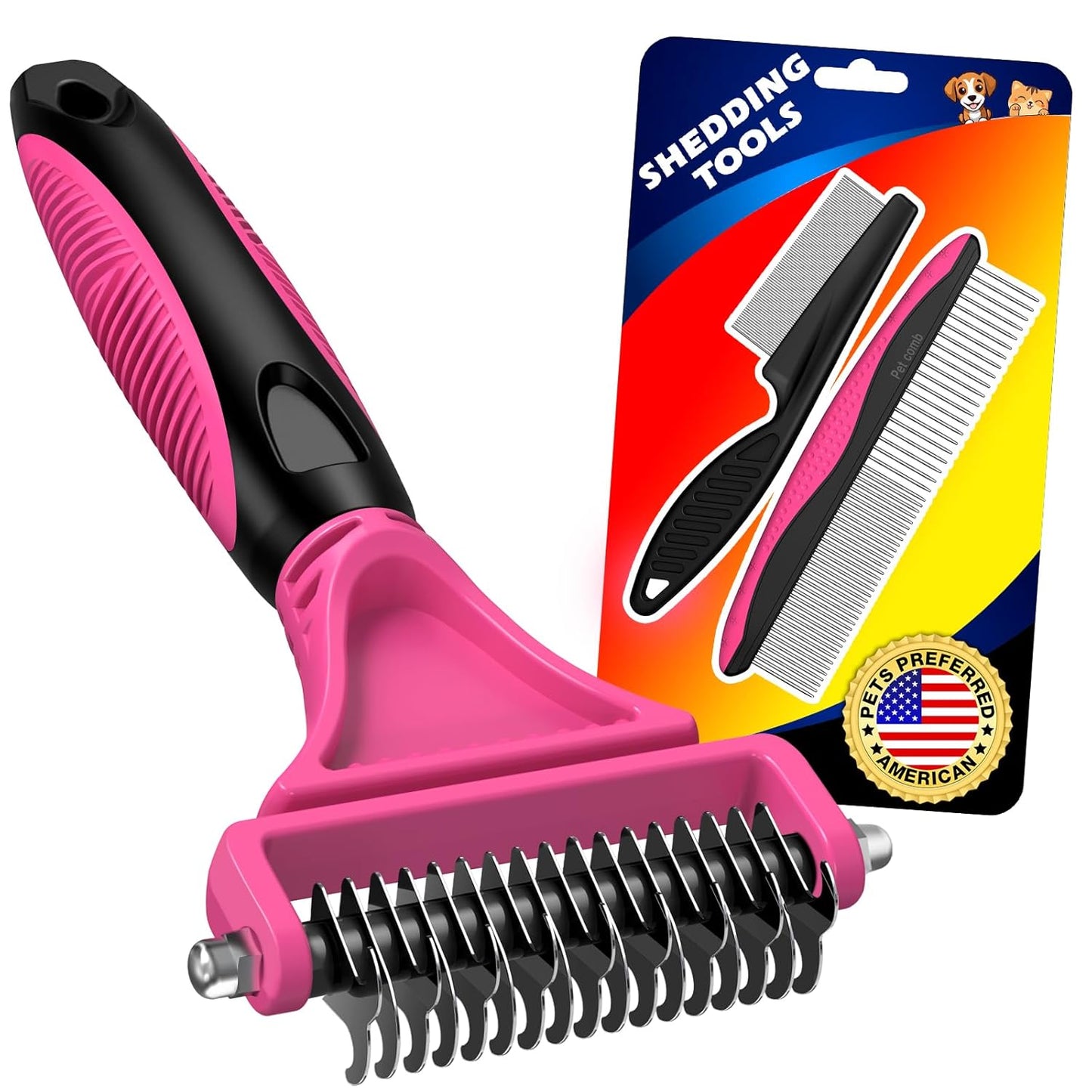 3PCS Pet Grooming Rake & Metal Comb & Flea Comb for Cats and Dogs, Double-Sided Dematting Tool, Extra-Wide Deshedding Dog Brush for Long Hair to Effectively Remove Tangles, Knots and Mats (Blue)