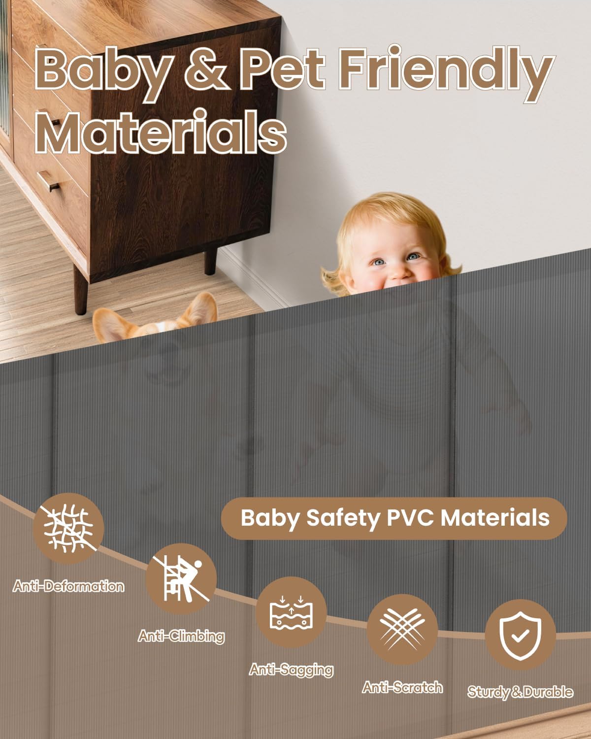 Retractable Baby Gate, 55" Wide Mesh Gate with 4 Reinforced Rods, Prevents Kids & Dogs from Crawling Under, 34" Tall Easy-to-Use Pet Gate for Stairs, Bedrooms, Hallways, Indoor/Outdoor, White